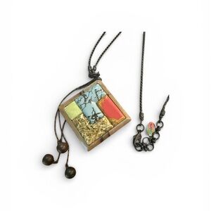 Boho Mixed Media Wood Mosaic Statement Necklace Adjustable Bolo